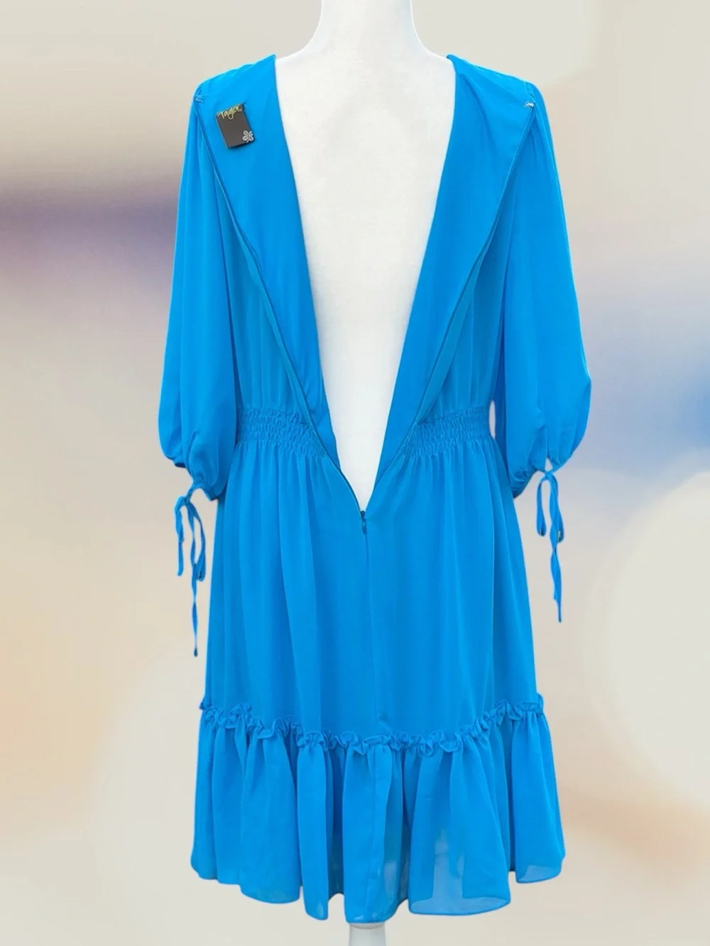 Taylor Turquoise Chiffon 3/4 Ballon Sleeve Ruffle Hem Midi Swing Dress, L